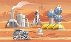 火星上的人类 colonizators流浪者驾驶横跨红色行星在工厂、温室和太空飞船附近