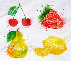 水果水彩樱桃、 柠檬、 草莓、 梨