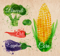 蔬菜水彩画玉米、 花椰菜、 红辣椒、 茄子卡夫