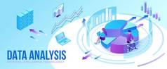 数据分析中心、业务人员分析图、kpi 分析、金融数字技术、人工智能概念、大型研究等轴测图、团队 3D 背景