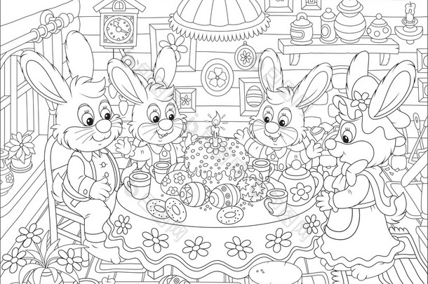 复活节的兔子，在节日的餐桌