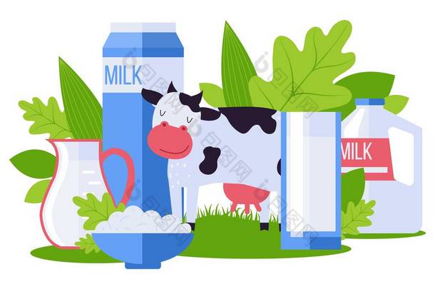 畜禽养殖场,环保乳制品采集媒介图解.牛奶包，碗里的奶酪，宠物牛.