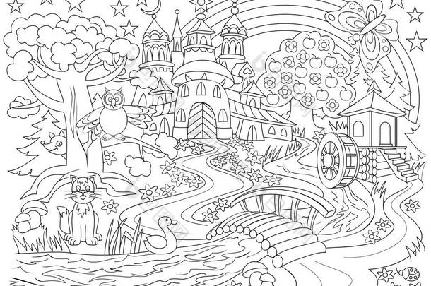 黑色和白色的仙境国家绘图。在着色的魔法森林的中世纪城堡的插图。工作表中的儿童.