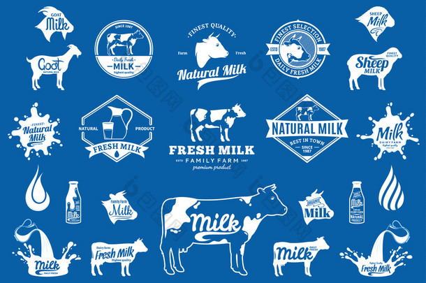 牛奶徽标、 图标和设计元素