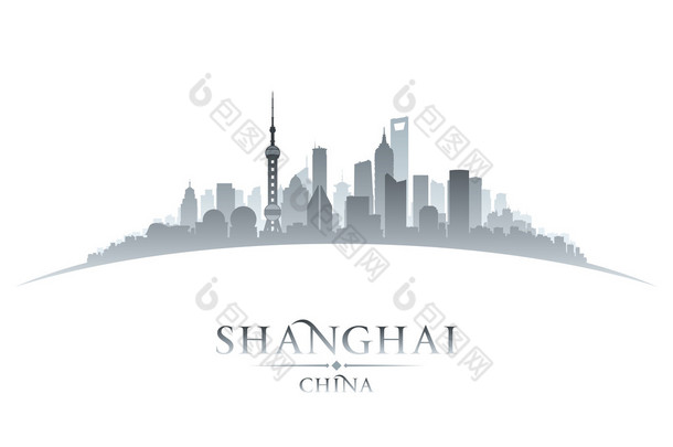上海中国城市天际线轮廓白色背景