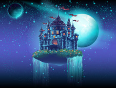 空间背景的恒星和行星飞行城堡的插图