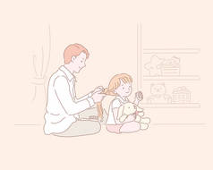 男人帮助一个小女孩做头发编织在线条风格的插图