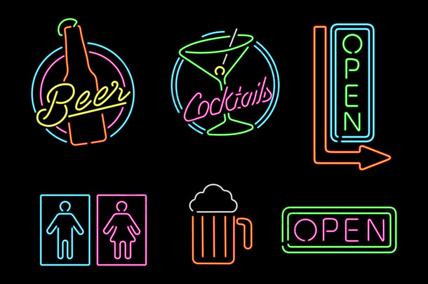 霓虹灯标志设置图标复古酒吧啤酒打开标签