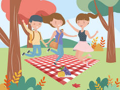 女人和男人跳进毯子水果野餐自然景观