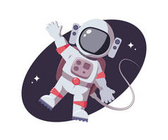 宇航员友好地挥舞着他的手。开放空间背景上的扁平宇宙特征。星任务，星系间飞行，银河研究概念。适合漫画、游戏和其他设计需求的宇航员
