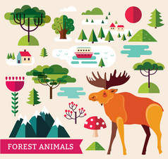 森林动物和树木