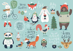 圣诞套，手绘风格-书法、 动物和其他元素.