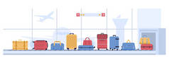 行李机场的旋转木马。 行李箱扫描，行李传送带与袋和行李箱。 航空公司航班运输媒介说明