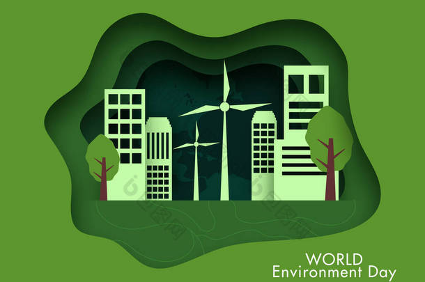 「<strong>世界环境日</strong>」概念绿纸图层与树木、建筑物及风车的背景.
