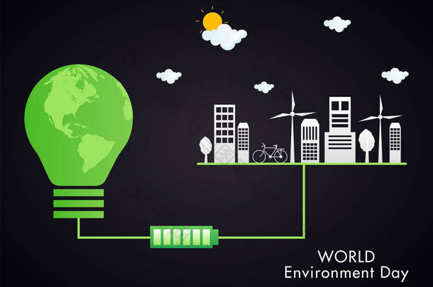 与生态城市相连的全球灯泡蓄电池促进世界环境日概念.