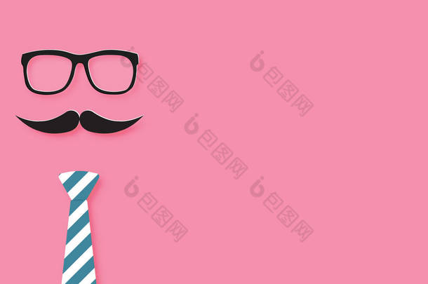 快乐父亲节的背景概念。剪纸制作的眼镜，胡子和领带在粉红色的背景。纸艺术 3d 数字工艺风格.