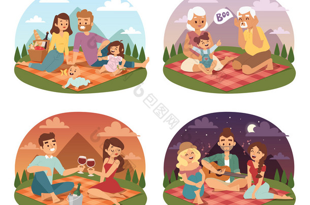 家庭野餐夏季快乐的生活方式公园户外一起，享受草地度假字符载体.