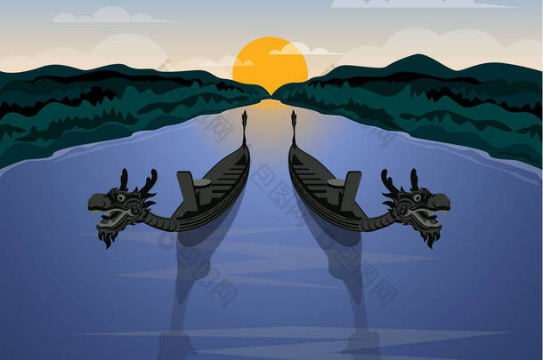 一条龙舟和自然风光背景插图