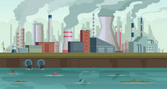 肮脏的工厂垃圾和烟雾从城市工厂生产河流污染城市烟雾的天空概念背景