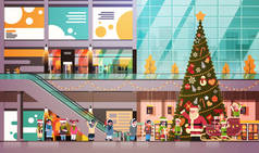 圣诞老人精灵给礼物盒混合种族儿童组现代零售店内部装饰为圣诞节假期新年概念平水平水平