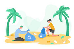 一套志愿者人物收集垃圾和塑料垃圾进行回收、环保和分离,以减少环境污染的概念载体插图