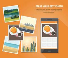 移动摄影概念。不同的照片与智能手机隔离在橙色的背景.