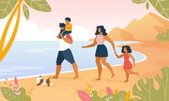 沿着海洋海滩户外散步的快乐家庭