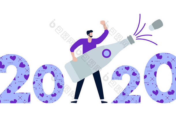 新年2020年，圣诞快乐的人打开瓶子