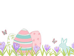 美丽的复活节卡片与蛋, 兔子, 番红花和蝴蝶