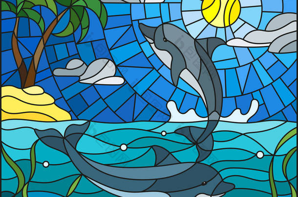 插图在彩色玻璃风格与海豚在背景上一双水、 云、 天空、 太阳、 岛屿与棕榈树
