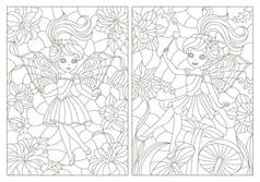 彩色玻璃的一组等高线插图，花朵背景上有仙境，白色背景上有黑暗等高线
