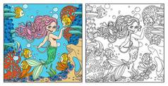水下世界美丽的美人鱼小女孩，有着珊瑚和海葵的背景色彩，并勾勒出轮廓