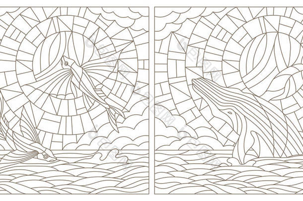 设置轮廓插图的飞鱼彩色玻璃和鲸鱼在海面背景、 云彩、 天空和太阳