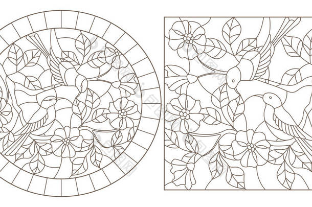 一套彩色玻璃风格的等高线插图, 与开花植物的枝条上的鸟类, 白色背景上的深色等高线