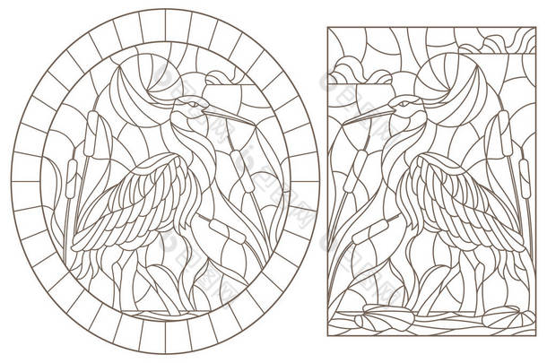 彩色玻璃窗的轮廓插图集，沼泽背景上带有雪龙，白色背景上的黑色轮廓