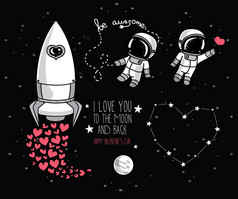 可爱的手为情人节设计绘制的元素: 月亮，星星，宇航员漂浮在空间和火箭