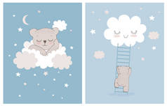 可爱的小熊睡在白毛云上。 幼熊、繁星和云朵的简单繁育媒介图解。 小熊爬上梯子爬上微笑的云彩。 幼儿房装修.