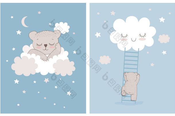 可爱的小熊睡在白毛云上。 幼熊、繁星和云朵的简单繁育媒介图解。 小熊爬上梯子爬上微笑的云彩。 <strong>幼儿</strong>房装修.