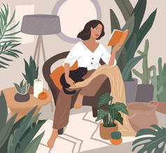 可爱的女孩在看书，与猫和咖啡一起休息。 年轻女子在家庭内部的日常生活和日常场景