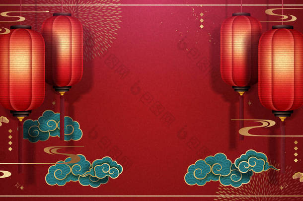 美丽的中国春节背景与红色灯笼和绿松石云