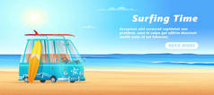 冲浪车在沙滩上, 海浪和晴朗的晴天。冲浪巴士横幅设计.
