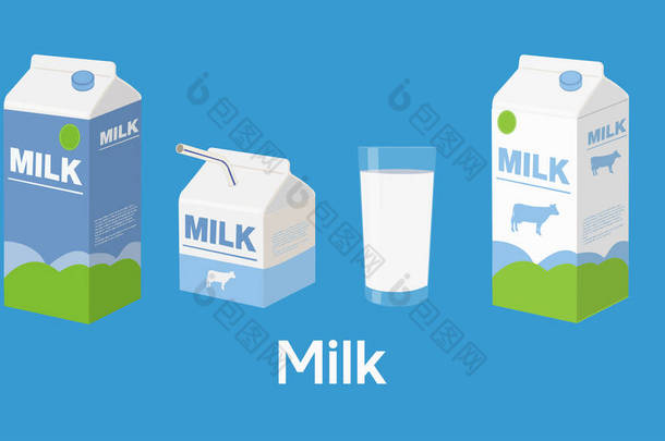 牛奶说明。不同包装的一组牛奶