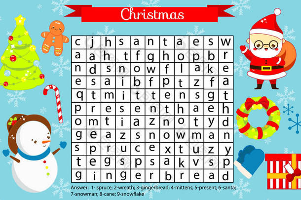 圣诞节有趣的页面为孩子们。儿童教育游戏。单词搜索拼图。新年假期主题学习词汇.