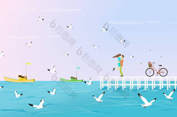 情侣们拥抱在一座<strong>延伸</strong>到大海的白色桥上。旁边有一辆自行车，以海鸥和渔船为背景