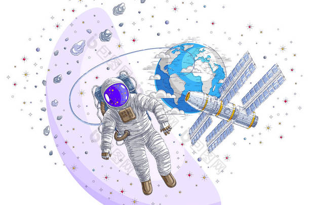航天员在与空间站、空间相连的空地上飞行