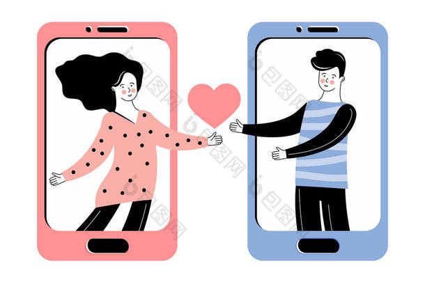 虚拟关系，网上约会和社交网络的概念。 男人和女人在网上聊天。 通过手机约会应用程序传递浪漫的信息。 爱的信息。 情人节.