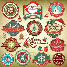 复古复古 grunge 圣诞标签、 徽章和图标的集合