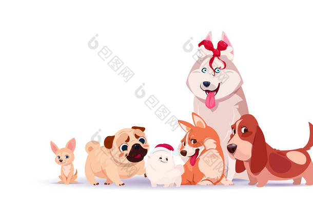 一群可爱的狗坐在白色的<strong>背景</strong>上, 戴着圣诞老人的帽子, 手持装饰骨亚洲象征2018年新年