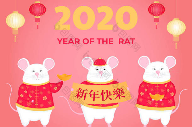 2020年老鼠年。 白鼠抱着一个有愿望的标志. 标题翻译：新年快乐。 有金锭的老鼠。 中国<strong>春节</strong>彩灯招贴画、横幅设计