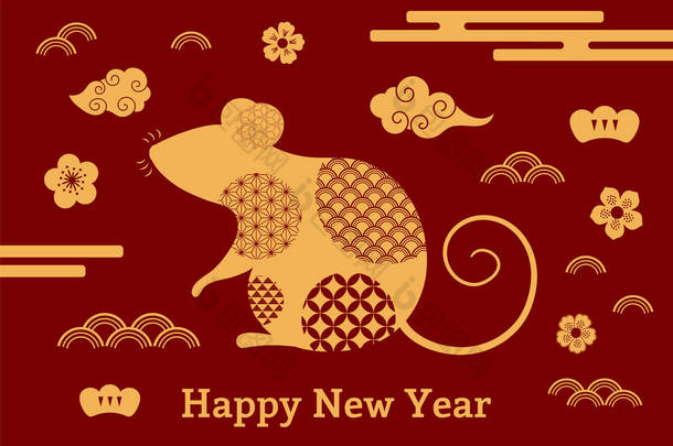 2020年中国新年贺卡, 有老鼠和云, 红色背景上有鲜花。节日横幅的概念 